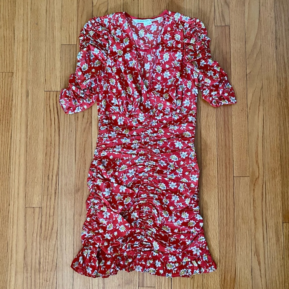 Floral Ruched V-Neck Mini Dress - Red - Picture 2 of 4